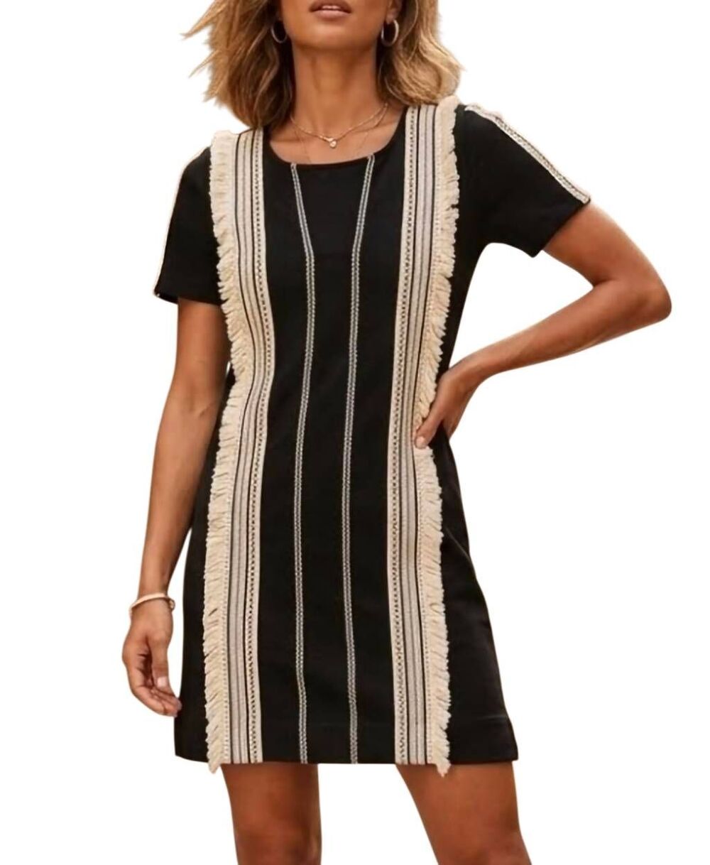 Brass & Roe Black Fringe Striped T-Shirt Dress Size Small